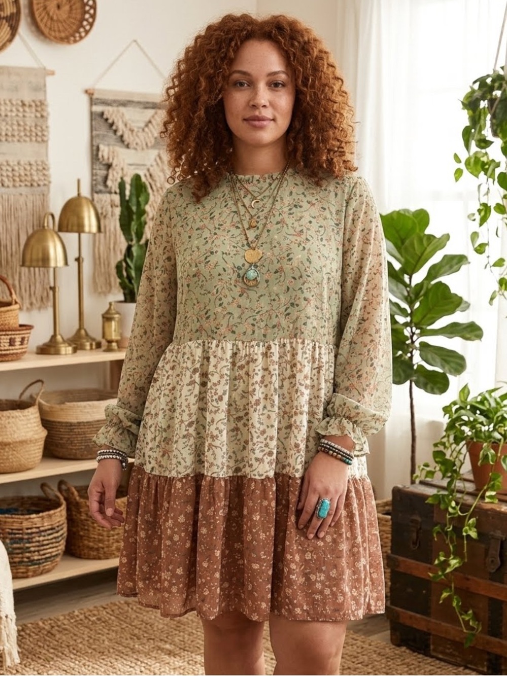 Versona Floral Tiered Long Sleeve Dress XL Cottagecore Boho Patchwork Green